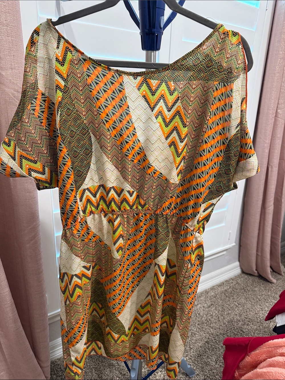 Poema One-Shoulder Chevron Print Dress in Orange, Cream, and Brown